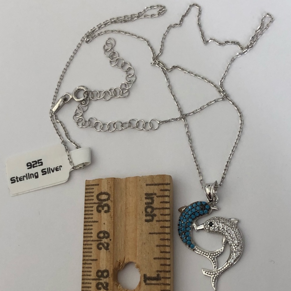 Dolphin necklace 925 silver turquoise and clear stones - Picture 2 of 3